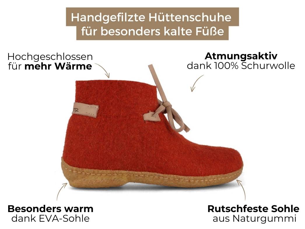 Hüttenschuhe mit Einlagen & Gummisohle Vitus, ziegelrot